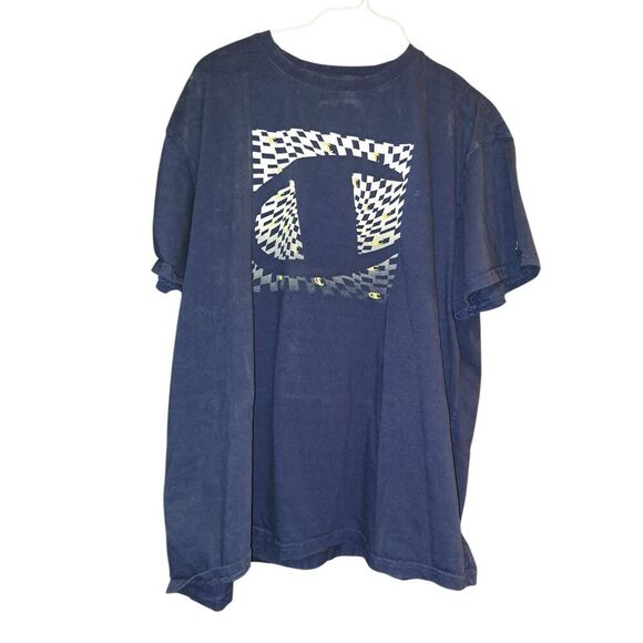 Mens Size Size 4XL Champion Checkerboard Navy Blue Logo Tshirt - Picture 2 of 6